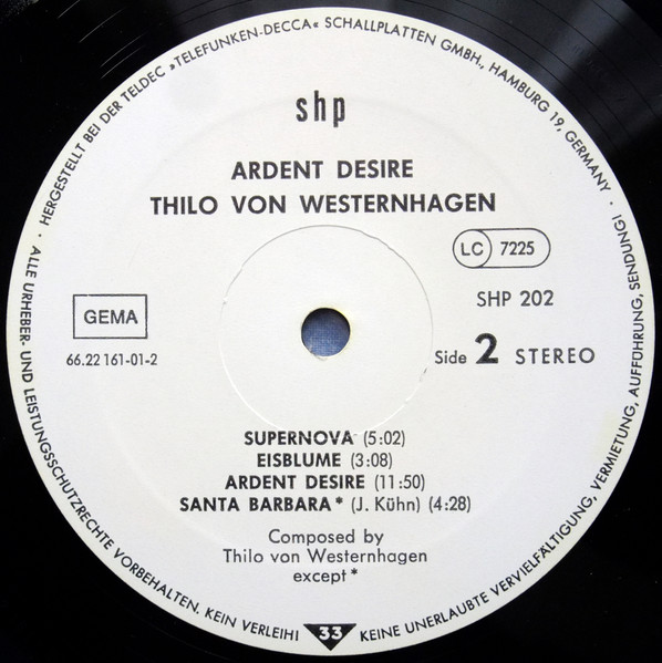 Cover zu Thilo von Westernhagen - Ardent Desire | 1980 | Vinyl | Jazz | Germany Schallplatten Ankauf