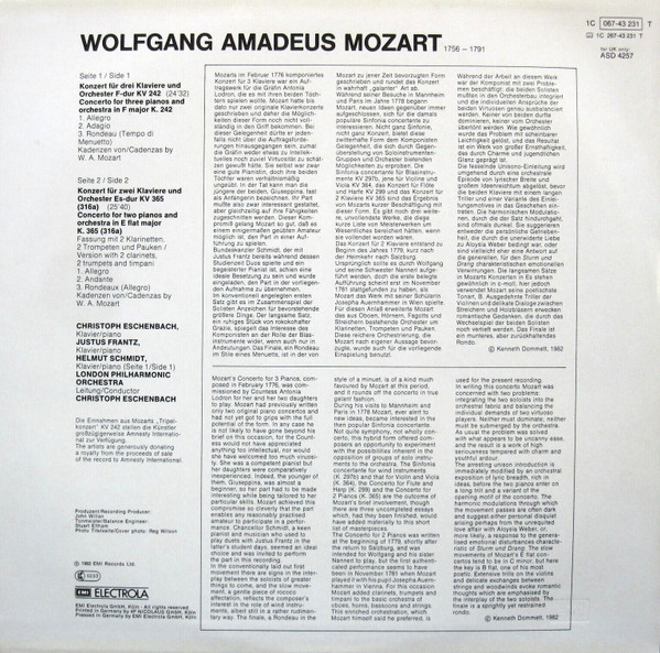 Cover zu Wolfgang Amadeus Mozart, Christoph Eschenbach, Justus Frantz, Helmut Schmidt, London Philharmonic Orchestra - Konzerte Für Zwei & Drei Klaviere | 1982 | Vinyl | Classical | UK & Europe Schallplatten Ankauf