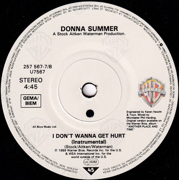 Cover zu Donna Summer - I Don't Wanna Get Hurt | 1989 | Vinyl | Electronic | Europe Schallplatten Ankauf