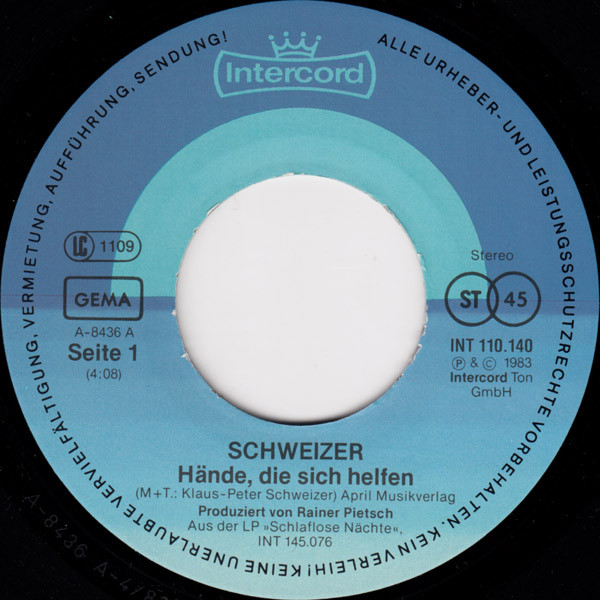 Cover zu Schweizer - Hände, Die Sich Helfen / Und Wenn Ich Spiel' | 1983 | Vinyl | Rock, Pop | Germany Schallplatten Ankauf