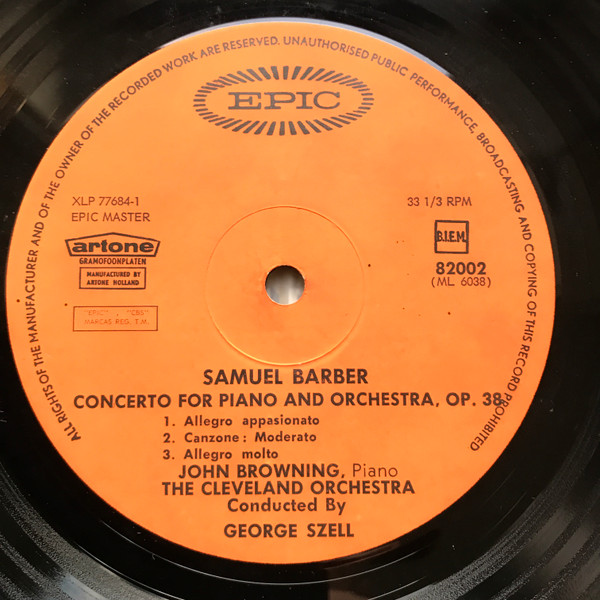 Cover zu Samuel Barber / William Schuman - George Szell, The Cleveland Orchestra - Piano Concerto / A Song Of Orpheus | 1964 | Vinyl | Classical | Netherlands Schallplatten Ankauf