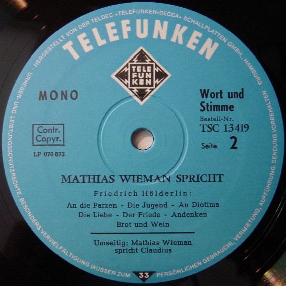 Cover zu Mathias Wieman - Spricht Claudius Und Hölderlin | Vinyl, LP, Mono | Non-Music | Germany