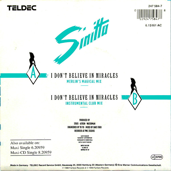 Cover zu Sinitta - I Don't Believe In Miracles (7 Inch Radio Mix) | 1988 | Vinyl | Electronic | Germany