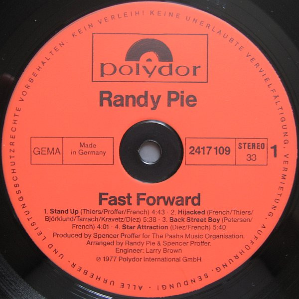 Cover zu Randy Pie - Fast/Forward | 1977 | Vinyl, LP, Album, Stereo | Electronic, Rock | Germany Schallplatten Ankauf
