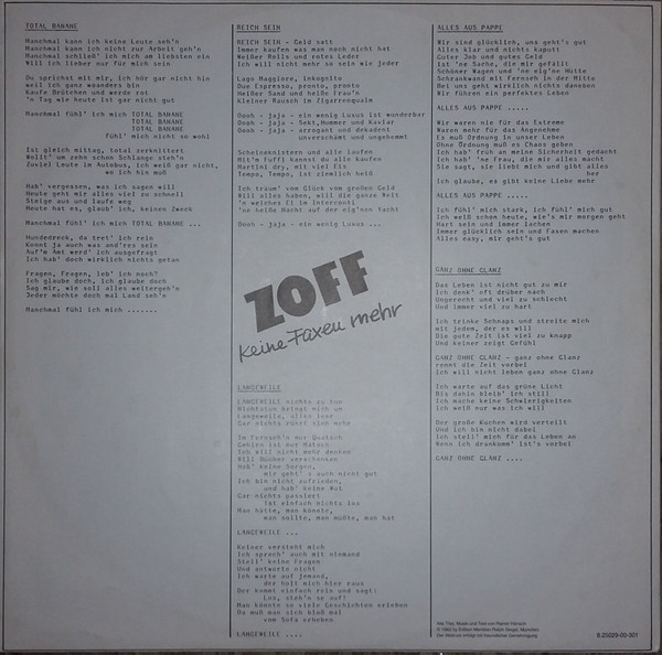 Cover zu Zoff - Keine Faxen Mehr | 1982 | Vinyl, LP, Album, Stereo | Rock | Germany Schallplatten Ankauf