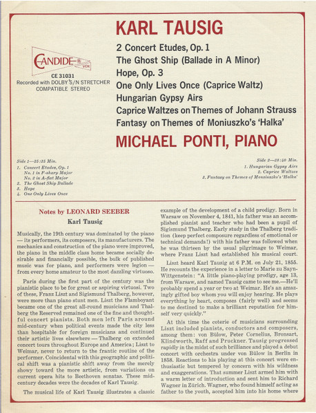 Cover zu Carl Tausig, Michael Ponti - Etudes / Ghost Ship / Expectation / Hung. Melodies / Valse-Caprices | 1971 | Vinyl | Classical | US