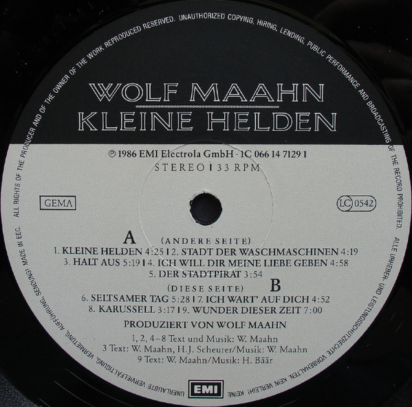 Cover zu Wolf Maahn - Kleine Helden | 1986 | Vinyl | Rock | Germany Schallplatten Ankauf