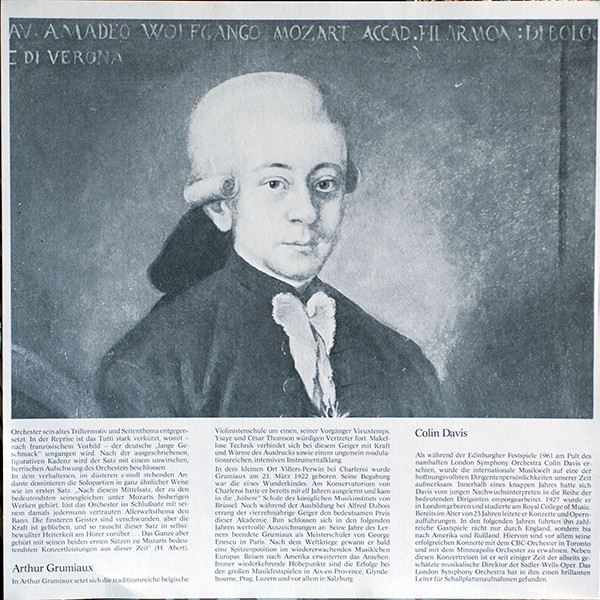 Cover zu Wolfgang Amadeus Mozart - Arthur Grumiaux, Arrigo Pelliccia, London Symphony Orchestra, Sir Colin Davis - 5 Violinkonzerte / Sinfonia Concertante Kv 364 | Vinyl | Classical | Germany Schallplatten Ankauf