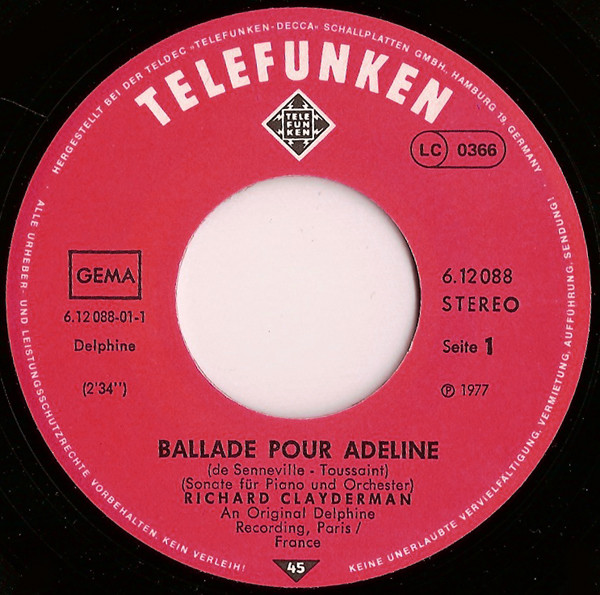 Cover zu Richard Clayderman - Ballade Pour Adeline | 1977 | Vinyl | Pop | Germany Schallplatten Ankauf