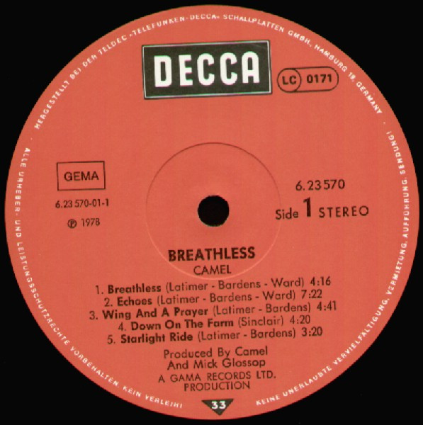 Cover zu Camel - Breathless | 1978 | Vinyl, LP, Album | Rock | Germany