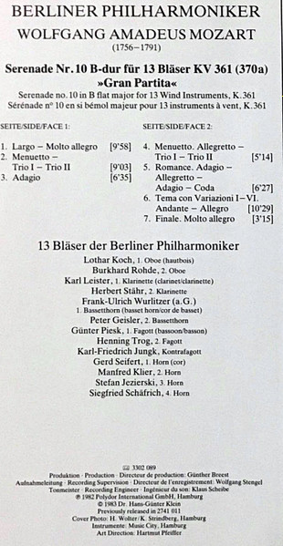 Cover zu Wolfgang Amadeus Mozart / Berliner Philharmoniker - Serenade K. 361 For 13 Wind Instruments | 1983 | Vinyl | Classical | Germany