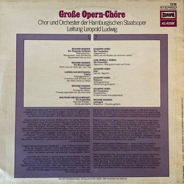 Cover zu Chor Der Hamburgischen Staatsoper Und Orchester Der Staatsoper Hamburg Leitung Leopold Ludwig - Große Opern-Chöre | 1975 | Vinyl | Classical | Germany