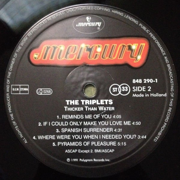 Cover zu The Triplets (2) - ... Thicker Than Water | 1991 | Vinyl | Rock, Pop | Netherlands