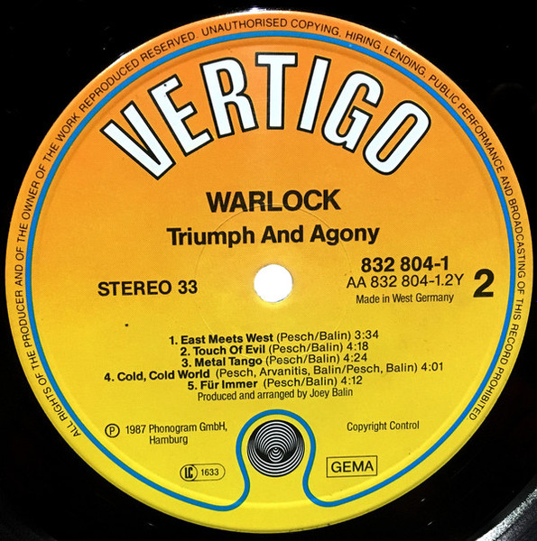 Cover zu Warlock (2) - Triumph And Agony | 1987 | Vinyl | Rock | Germany