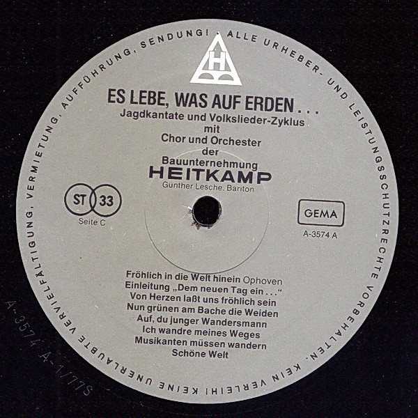 Cover zu Chor Und Orchester Der Bauunternehmung Heitkamp - Es Lebe, Was Auf Erden...Jagdkantate Und Volkslieder-Zyklus | 1977 | Vinyl | Classical, Folk, World, & Country | Germany