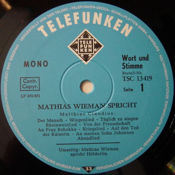 Cover zu Mathias Wieman - Spricht Claudius Und Hölderlin | Vinyl, LP, Mono | Non-Music | Germany