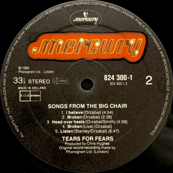 Cover zu Tears For Fears - Songs From The Big Chair | 1985 | Vinyl | Rock, Pop | Europe