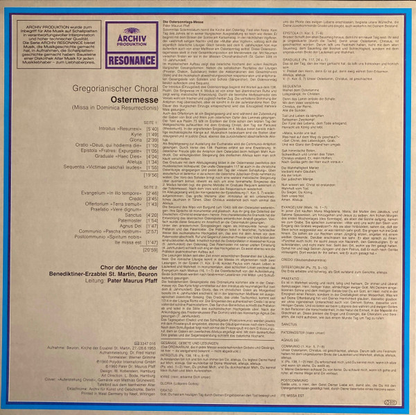Cover zu Chor Der Mönche Der Benediktiner-Erzabtei St. Martin, Beuron - Pater Maurus Pfaff - Gregorianischer Choral: Ostermesse (Missa In Dominica Resurrectionis) | 1980 | Vinyl | Classical | Germany Schallplatten Ankauf