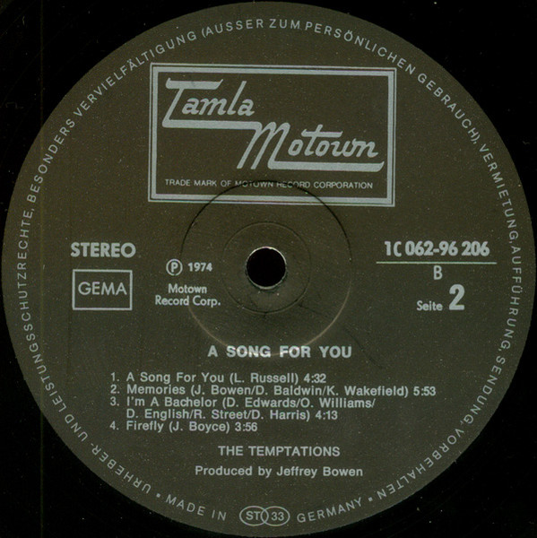 Cover zu The Temptations - A Song For You | 1975 | Vinyl | Funk / Soul | Germany