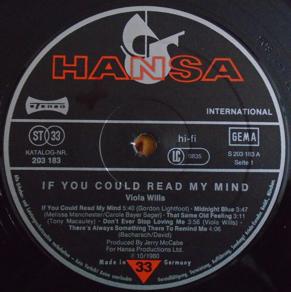 Cover zu Viola Wills - If You Could Read My Mind | 1980 | Vinyl | Electronic, Funk / Soul | Germany Schallplatten Ankauf