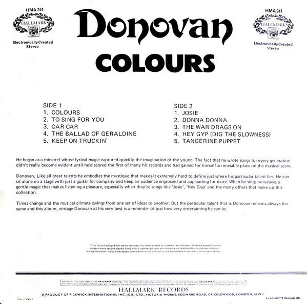 Cover zu Donovan - Colours | 1972 | Vinyl | Rock, Folk, World, & Country | UK
