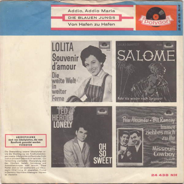 Cover zu Die Blauen Jungs - Addio, Addio Maria | 1961 | Vinyl | Pop | Germany Schallplatten Ankauf