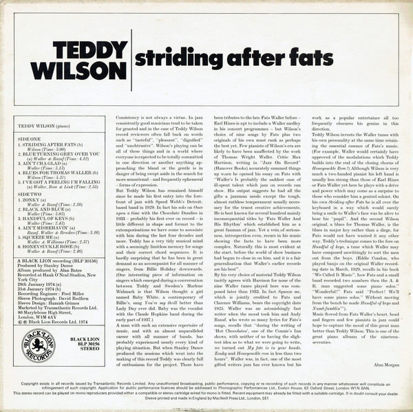 Cover zu Teddy Wilson - Striding After Fats | 1975 | Vinyl | Jazz, Blues | UK