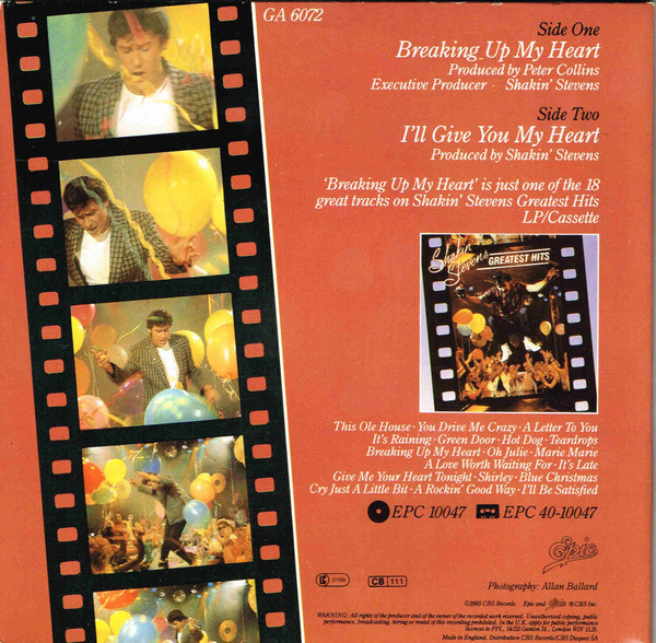 Cover zu Shakin' Stevens - Breaking Up My Heart | 1985 | Vinyl | Pop | UK