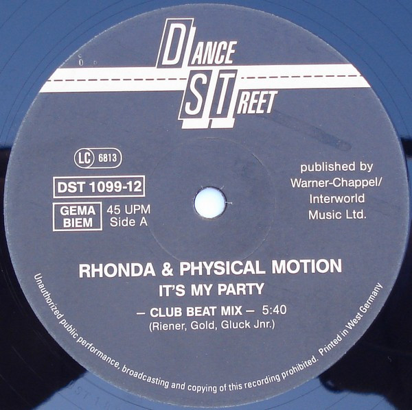Cover zu Rhonda & Physical Motion - It's My Party | 1992 | Vinyl | Electronic | Germany Schallplatten Ankauf