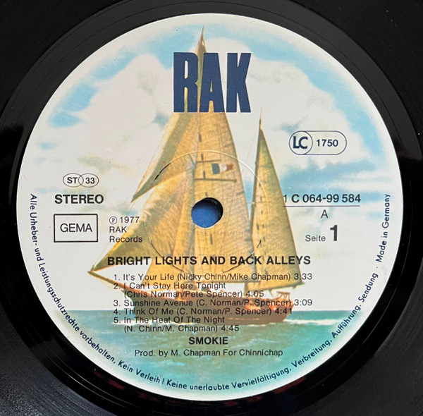 Cover zu Smokie - Bright Lights & Back Alleys | 1977 | Vinyl, LP, Album, Stereo | Pop | Germany
