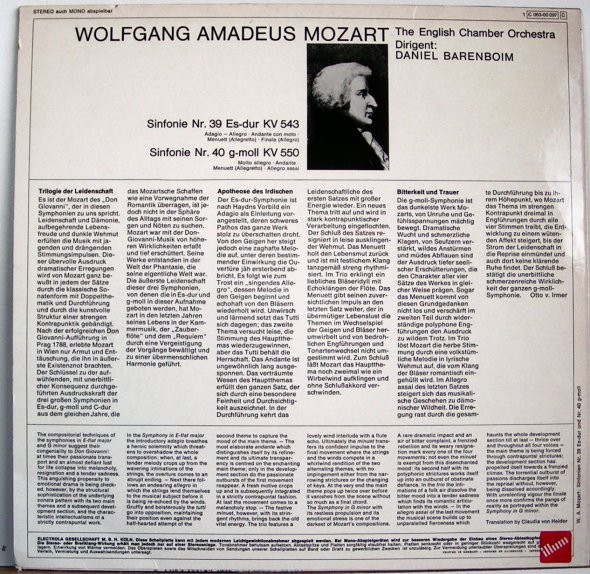 Cover zu Wolfgang Amadeus Mozart / Daniel Barenboim - Sinfonien Nr. 39 Es-Dur Kv 543 Und Nr. 40 G-Moll Kv 550 | Vinyl, LP | Classical | Germany Schallplatten Ankauf