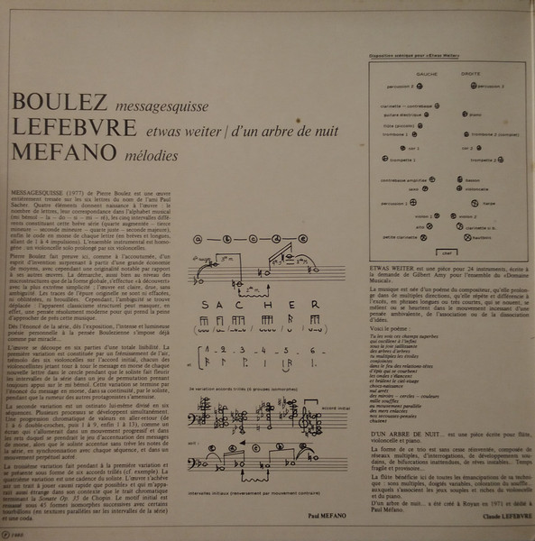 Cover zu Claude Lefebvre (3) / Pierre Boulez / Paul Méfano - Etwas Weiter / D'Un Arbre De Nuit / Messagesquisse / Mélodies | 1980 | Vinyl | Classical | France
