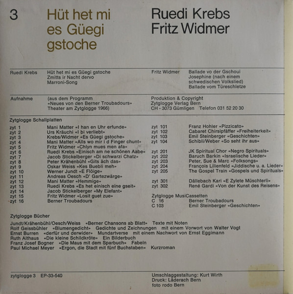 Cover zu Ruedi Krebs / Fritz Widmer - Hüt Het Mi Es Güegi Gstoche | 1966 | Vinyl | Folk, World, & Country | Switzerland