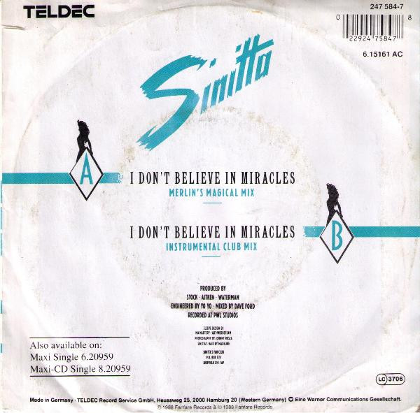 Cover zu Sinitta - I Don't Believe In Miracles (7 Inch Radio Mix) | 1988 | Vinyl | Electronic | Germany