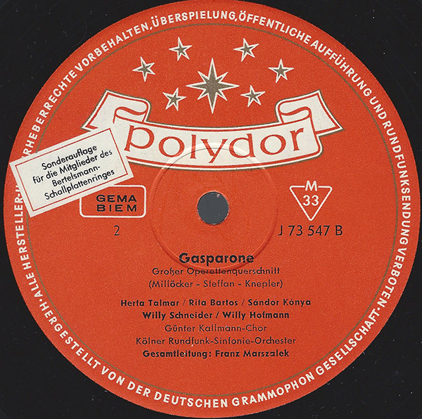 Cover zu Carl Millöcker, Ernst Steffan, Paul Knepler, Herta Talmar, Rita Bartos, Sándor Kónya, Willy Schneider, Willy Hofmann, Kölner Rundfunk-Sinfonie-Orchester, Franz Marszalek - Gasparone (Grosser