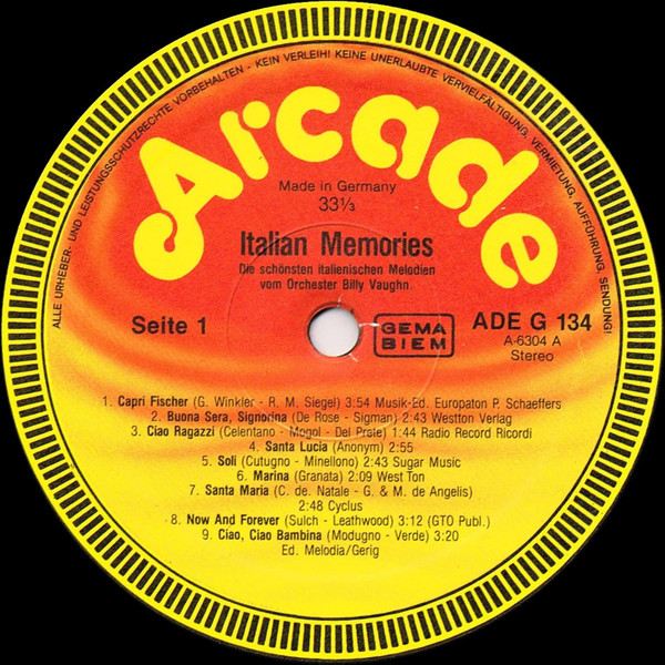 Cover zu Billy Vaughn And His Orchestra - Italian Memories (Die Schönsten Italienischen Melodien Vom Orchester Billy Vaughn) | 1981 | Vinyl | Pop | Europe Schallplatten Ankauf