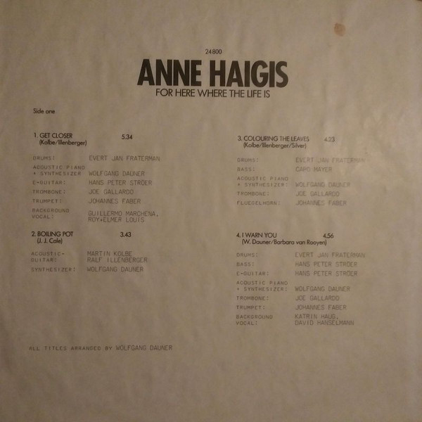 Cover zu Anne Haigis - For Here Where The Life Is | 1982 | Vinyl | Jazz, Latin, Pop | Germany Schallplatten Ankauf