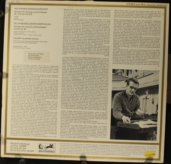 Cover zu Wolfgang Amadeus Mozart / Felix Mendelssohn-Bartholdy - Valeri Klimov, Russian State Symphony Orchestra, Maxim Shostakovich - Violinkonzert G-Dur KV 216 / Violinkonzert E-Moll Op.64 | 1976 Schallplatten Ankauf
