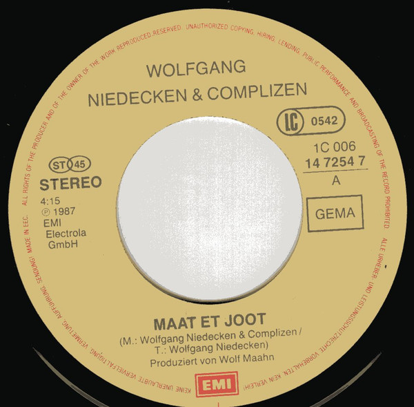 Cover zu Wolfgang Niedecken & Complizen - Maat Et Joot | 1987 | Vinyl, 45 RPM, 7