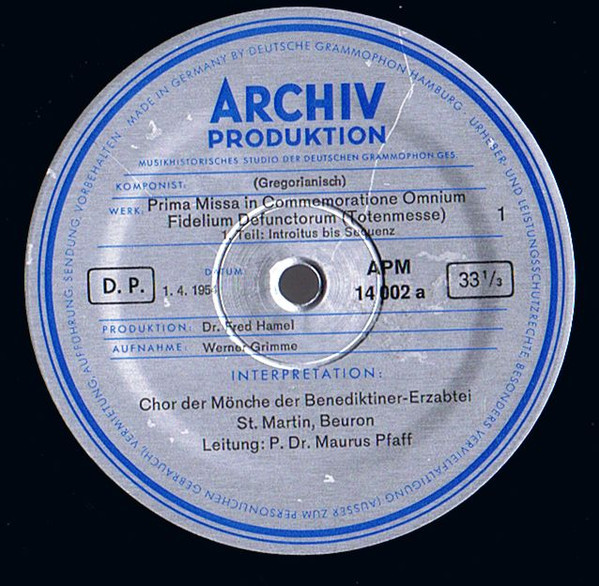 Cover zu Chor Der Mönche Der Benediktiner-Erzabtei St. Martin, Beuron ‧ Leitung: Pater Maurus Pfaff - Prima Missa In Commemoratione Omnium Fidelium Defunctorum (Totenmesse) | 1954 | Vinyl | Classical