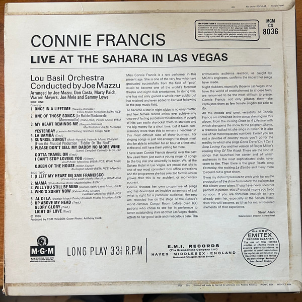 Cover zu Connie Francis - Live At The Sahara In Las Vegas | Vinyl | Pop | UK Schallplatten Ankauf