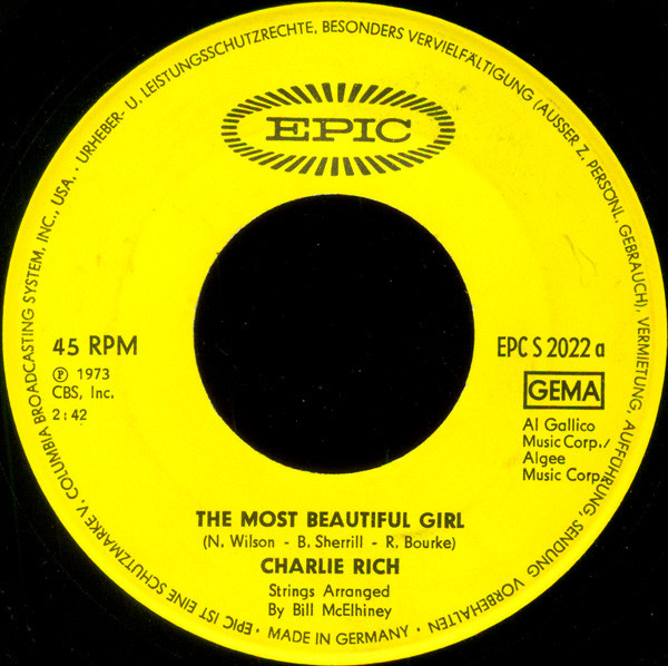Cover zu Charlie Rich - The Most Beautiful Girl | 1973 | Vinyl | Rock, Pop | Germany