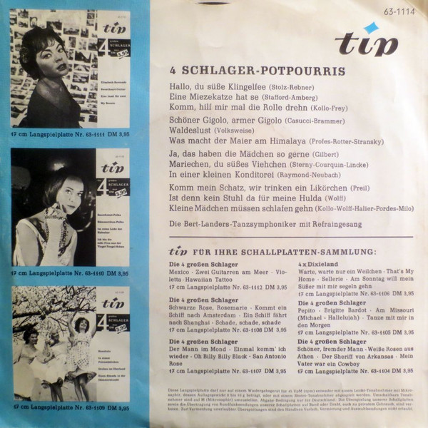 Cover zu Die Bert-Landers-Tanzsymphoniker - 4 Schlager-Potpourris | 1962 | Vinyl | Pop | Germany Schallplatten Ankauf