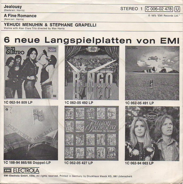 Cover zu Yehudi Menuhin & Stéphane Grappelli - Jealousy | 1973 | Vinyl | Jazz, Stage & Screen | Germany Schallplatten Ankauf