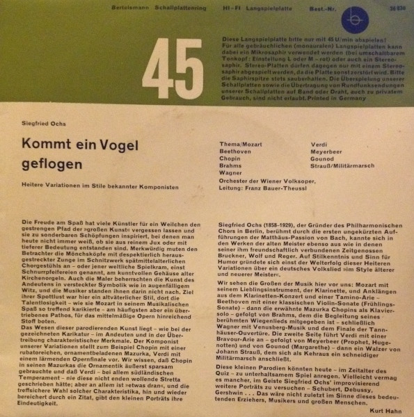 Cover zu Siegfried Ochs - Wiener Volksopernorchester, Franz Bauer-Theussl - Kommt Ein Vogel Geflogen | Vinyl | Pop, Classical, Folk, World, & Country | Germany