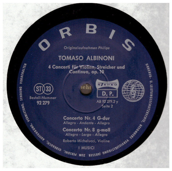 Cover zu Tomaso Albinoni / I Musici - 4 Concerti Für Violine, Streicher Und Continuo, Op.10 | Vinyl | Classical | Germany Schallplatten Ankauf