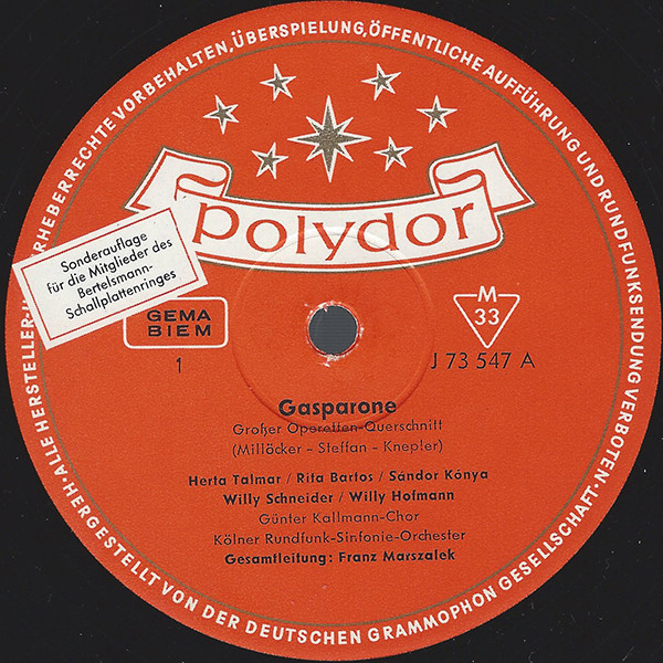 Cover zu Carl Millöcker, Ernst Steffan, Paul Knepler, Herta Talmar, Rita Bartos, Sándor Kónya, Willy Schneider, Willy Hofmann, Kölner Rundfunk-Sinfonie-Orchester, Franz Marszalek - Gasparone (Grosser