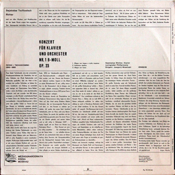 Cover zu Pyotr Ilyich Tchaikovsky - Sviatoslav Richter, Leningrad Philharmonic Orchestra , Dirigent: Evgeny Mravinsky - Konzert Für Klavier Und Orchester Nr. 1 B-Moll Op. 23 | 1966 | Classical Schallplatten Ankauf
