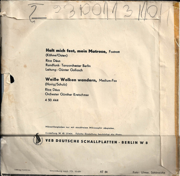 Cover zu Rica Déus - Halt Mich Fest, Mein Matrose / Weiße Wolken Wandern | 1964 | Vinyl | Pop | German Democratic Republic (GDR)
