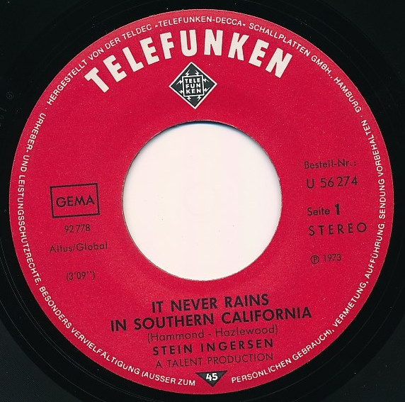 Cover zu Stein Ingebrigtsen - It Never Rains In Southern California | 1973 | Vinyl | Rock, Pop | Germany Schallplatten Ankauf